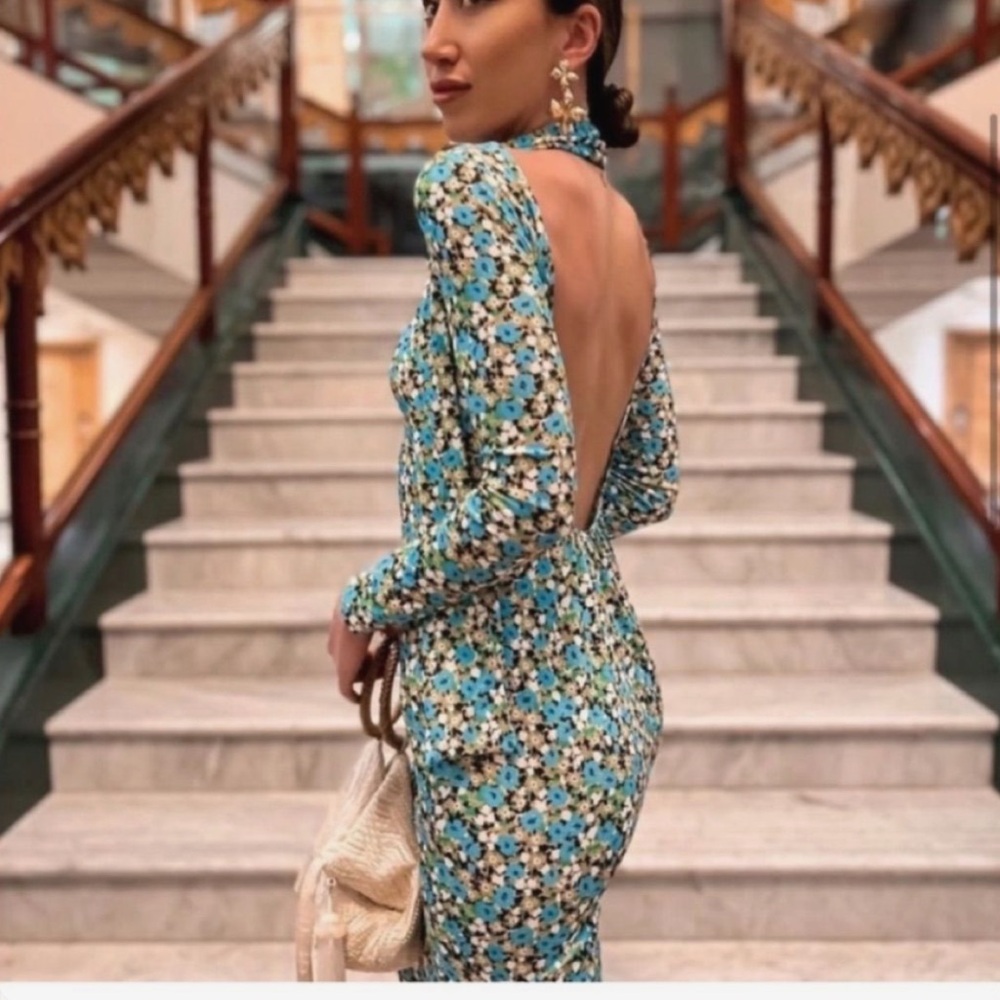 Zara Open Back High Neck Midi Length Green Floral Dress size L